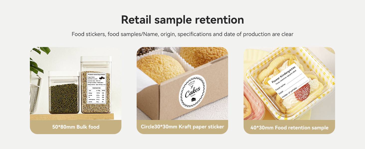 'Retail Sample Storage': Containers with labels for 'Loose Foods', 'Kraft Paper Labels', 'Food Sample Storage'.
