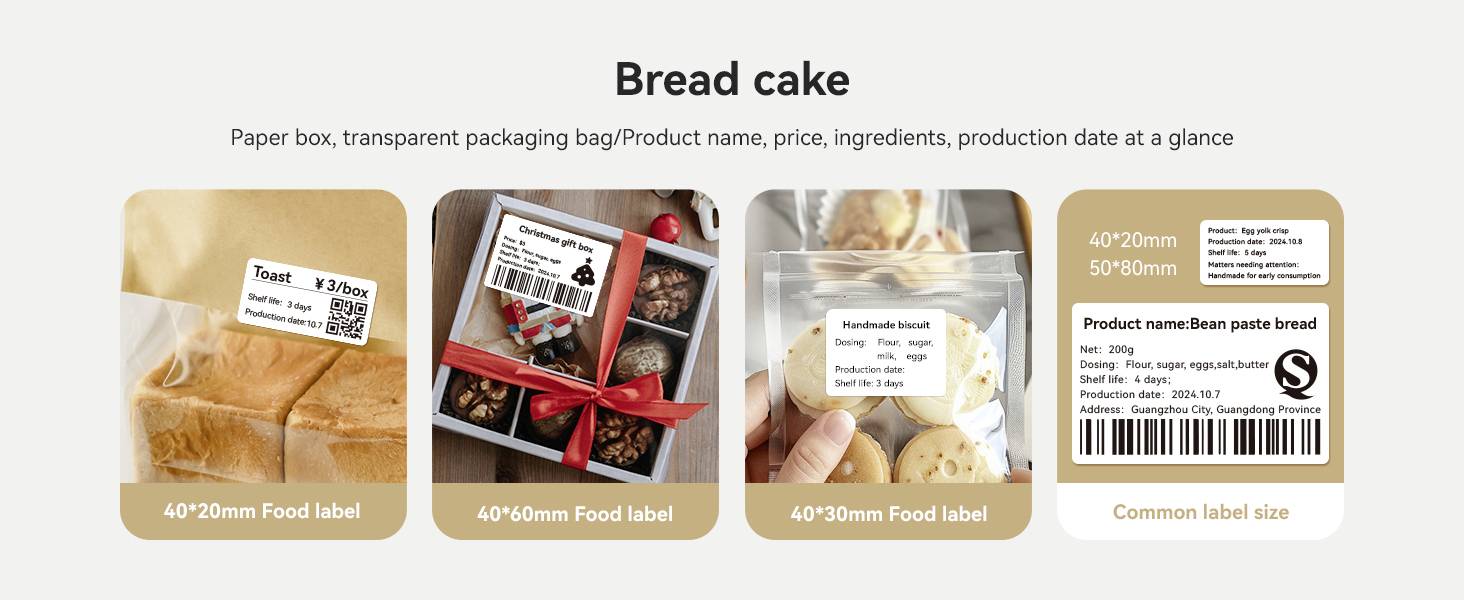 Four packaging items with food labels: Toast bread, chocolate, bread, and paste bread. Labels show price, name, and measurements.