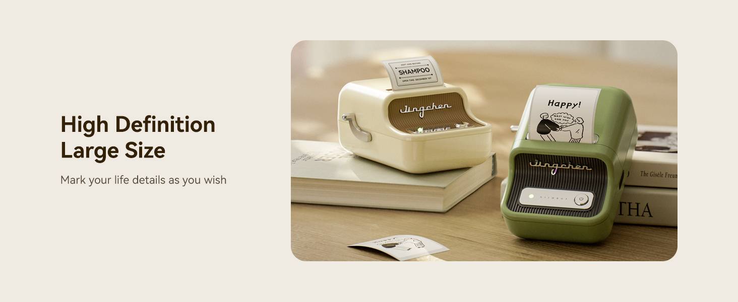 Two small printers on a table, one cream-coloured, one green. Books are lying beside them. Text on the left: 'High Definition Large Size'.