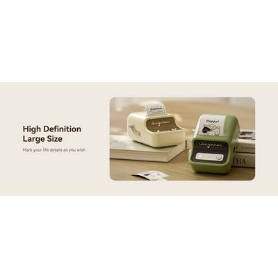Two small printers on a table, one cream-coloured, one green. Books are lying beside them. Text on the left: 'High Definition Large Size'.