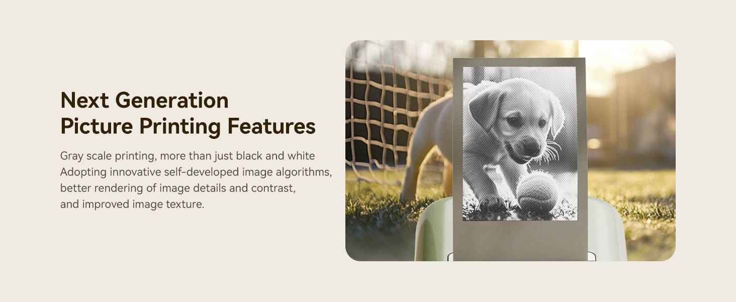 A puppy is playing with a ball in the grass. Beside the text: 'Next Generation Picture Printing Features', about innovative picture printing technology.