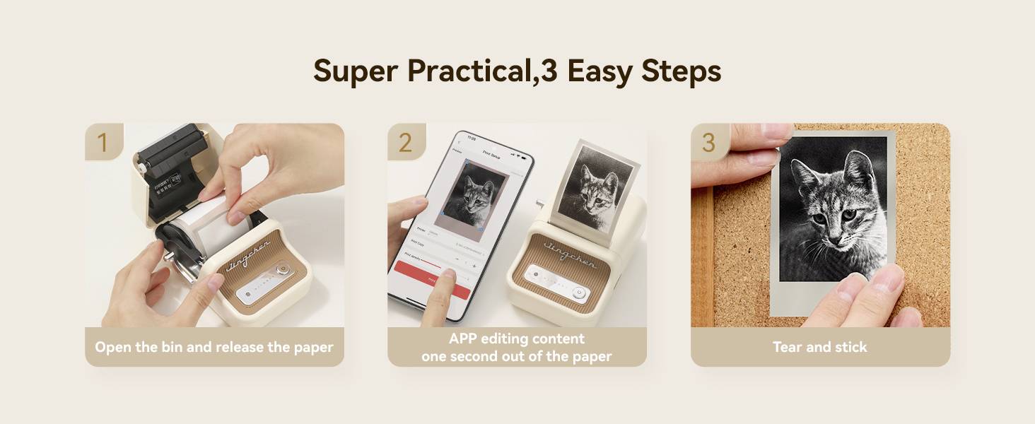 'Three simple steps to use the printer: 1. Open the paper tray; 2. Edit contents in the app; 3. Tear off and stick.'