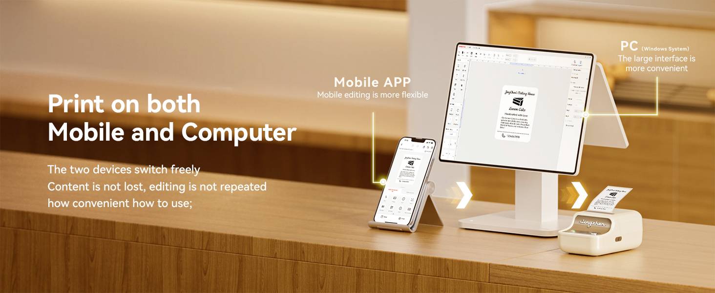 The image shows a mobile device and a PC, both operating a printer. Text reads: 'Print on both Mobile and Computer'