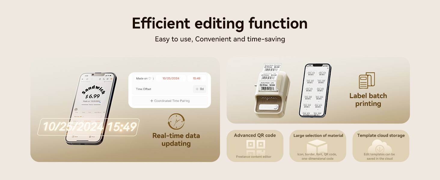 'Efficient Processing Function', shows a smartphone with time control and QR code, along with a label printer for batch printing.