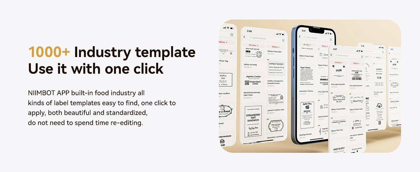 Smartphone displaying various label templates. Heading: '1000+ Industry Templates'. Emphasises the user-friendliness of the templates.