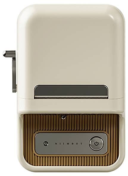Compact label printer in a cream-coloured housing with brown accents, featuring a power button and slots for label output.