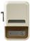 Compact label printer in a cream-coloured housing with brown accents, featuring a power button and slots for label output.