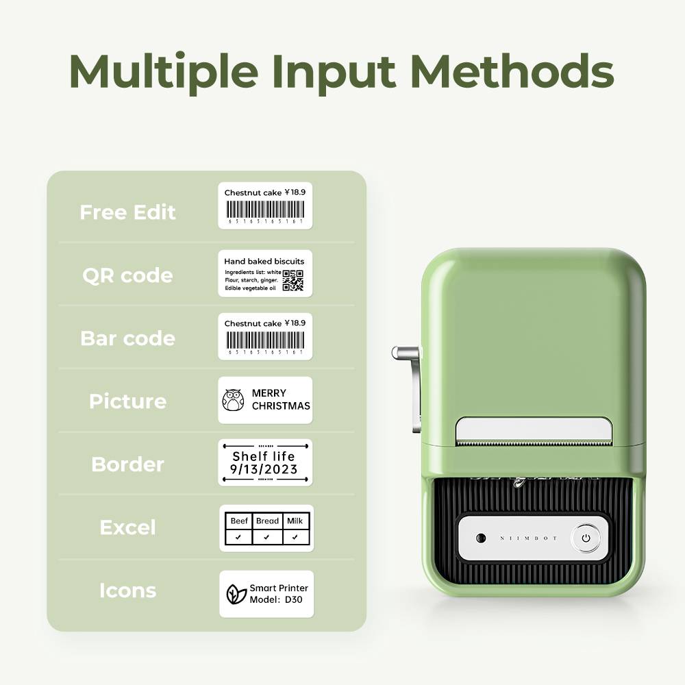 Green label printers with various input methods on the left: Free text, QR code, barcode, image, frame and icons.