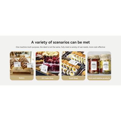 The image shows four business scenarios with labelling: bakery, DIY patisserie, sushi shop, and farm produce.