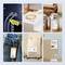 Six-part collage: Cable with label, decorative lettering, tea caddy, jeans tag, coffee packaging, express delivery label.
