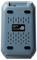 A blue electronic device with ventilation slots and a black label featuring Chinese characters and a QR code on the back.