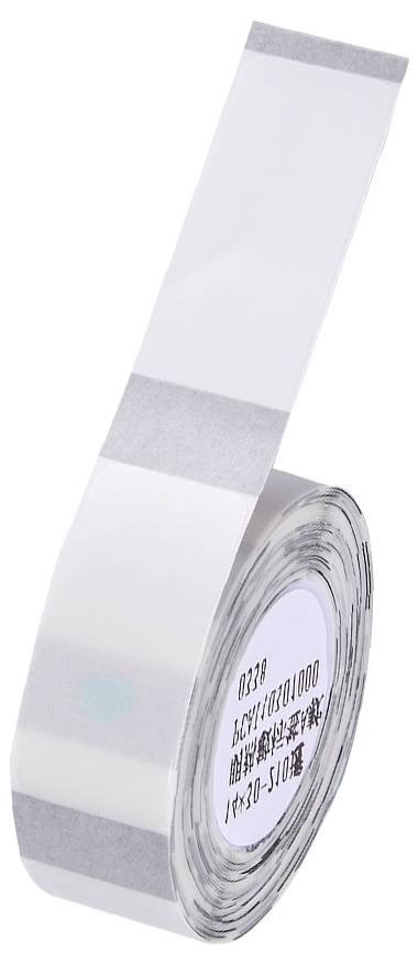 A roll of white adhesive tape with grey stripes, partially unrolled. A label is visible, the text on it is blurry.