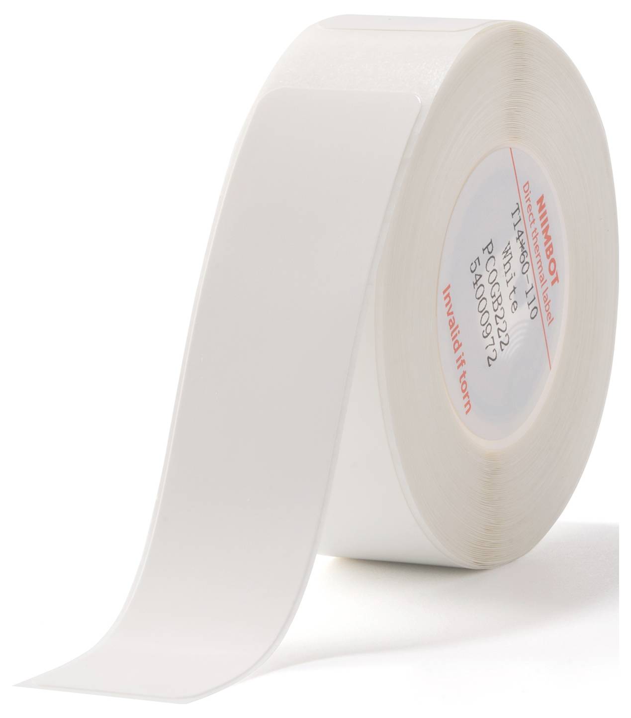 A roll of white adhesive tape that is slightly unrolled. The edge shows a printed label with some numbers and a barcode.