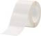 A roll of white, rectangular labels mounted on a smooth paper backing. They are intended for labelling purposes.