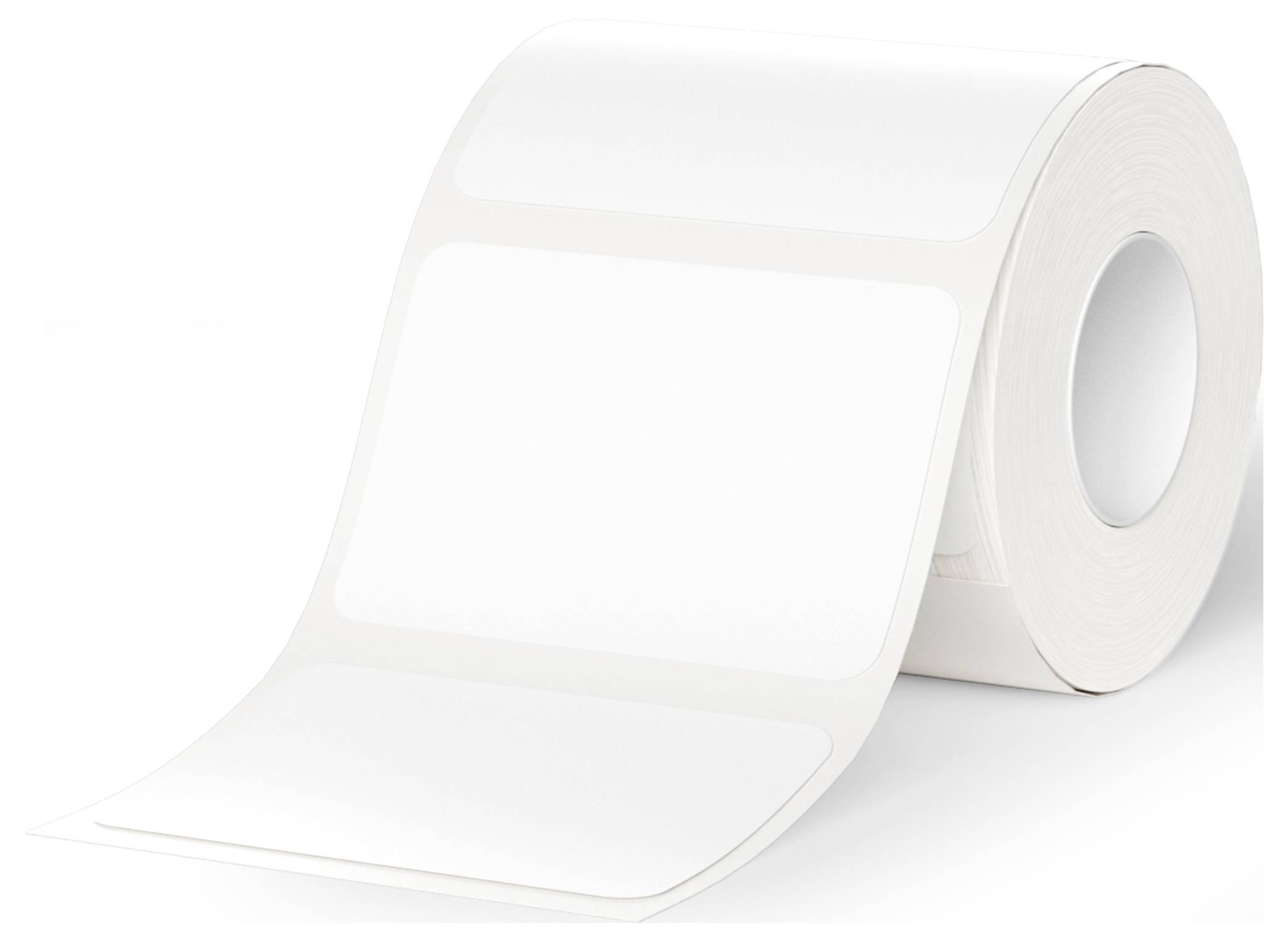 A roll of white labels, partially unrolled.