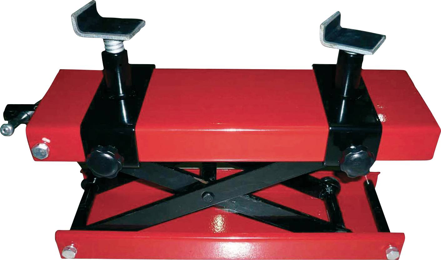 A red hydraulic lifting table with a black frame, featuring two adjustable support surfaces on top, used for lifting heavy objects.