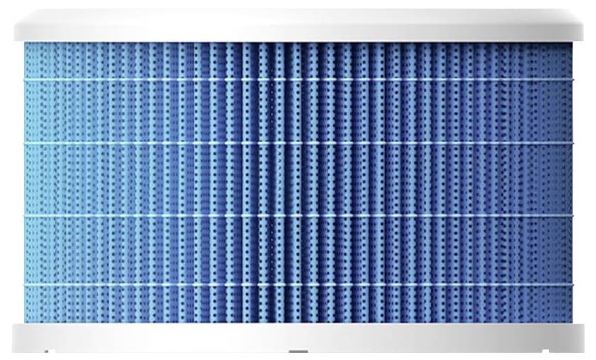 A blue cylindrical air filter used for air purification.