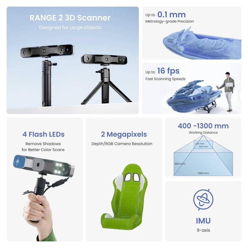 'RANGE 2 3D Scanner' for large objects with up to 0.1 mm accuracy, 16 fps, 2 megapixels, 400-1300 mm distance and IMU functionality.