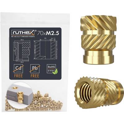 'RuthEx' M2.5 thread inserts, 70 pieces per pack. Free from cadmium and lead. Suitable for 3D print fastenings.