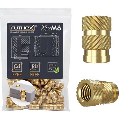'Pack of 25 brass M6 threaded inserts by ruthex, lead-free and cadmium-free. Detailed dimensions and product view on the packaging.'