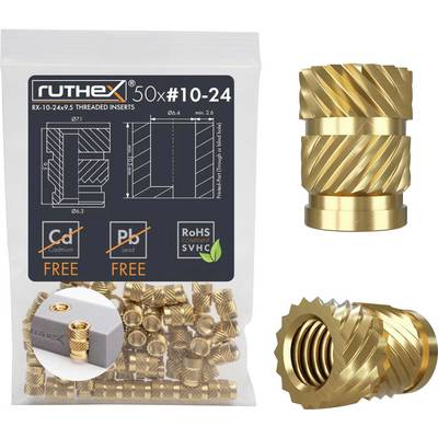 A pack of 50 gold-coloured, spiral threaded inserts from 'ruthex', lead-free and cadmium-free. Single insert shown on the right.