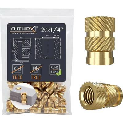 Plastic packaging containing 20 golden threaded inserts. Inscription: '20x1/4 inch, RoHS compliant, lead-free, cadmium-free.'