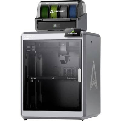 3D printer with enclosed housing, marked with 'Creality'. Filament reels are located on top. Screen displays status.