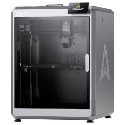 3D printer in silver-black with a transparent front door, branded 'Creality', showing internal mechanics visible through glass.