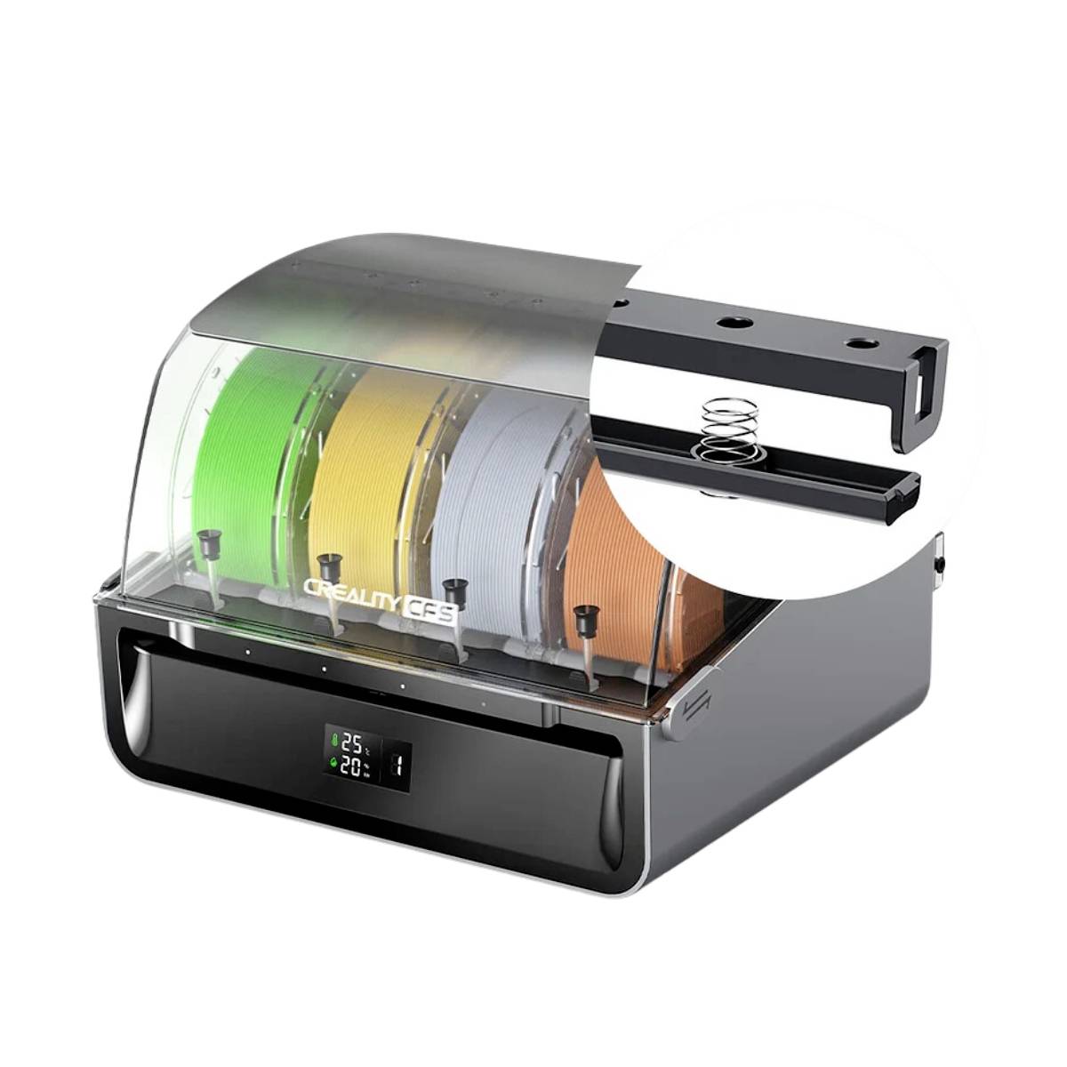 Filament drying unit with various filament reels in a transparent enclosure, close-up of a component in the top right.