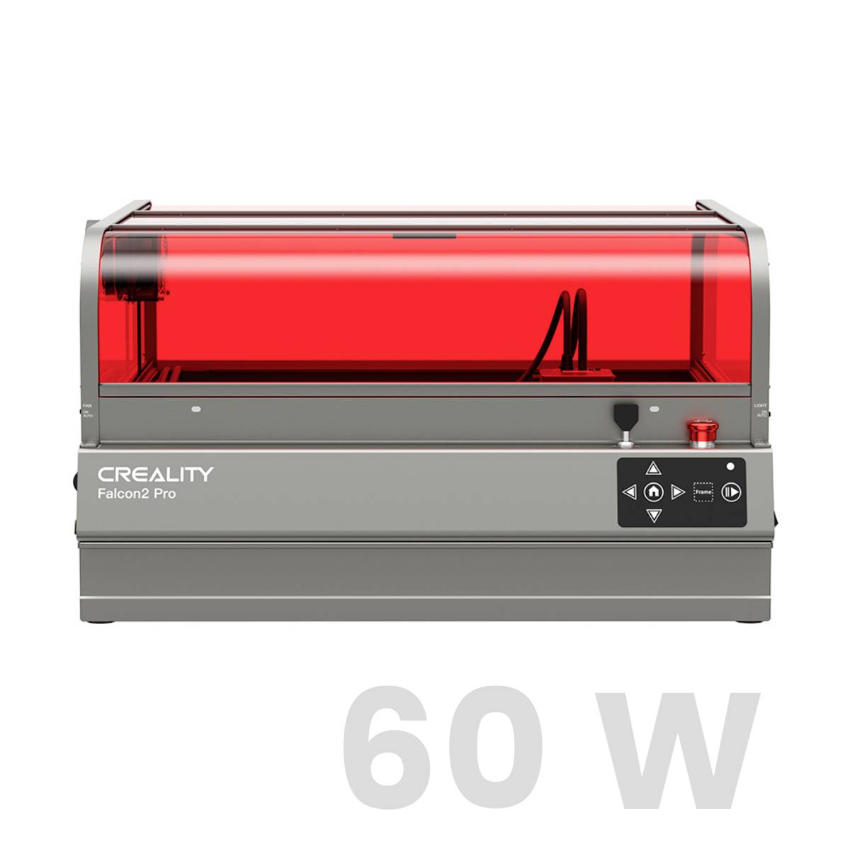 Laser machine 'Creality Falcon 2 Pro' with red cover and 60 W power output, suitable for precise engraving and cutting.
