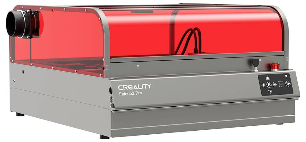 A 3D printer, model 'Creality Falcon2 Pro', in grey and red. It has a control panel with buttons and a display on the front.