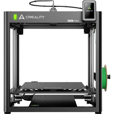 3D printer in a cube-shaped design with an open print area, with a reel of green filament attached on the right-hand side.