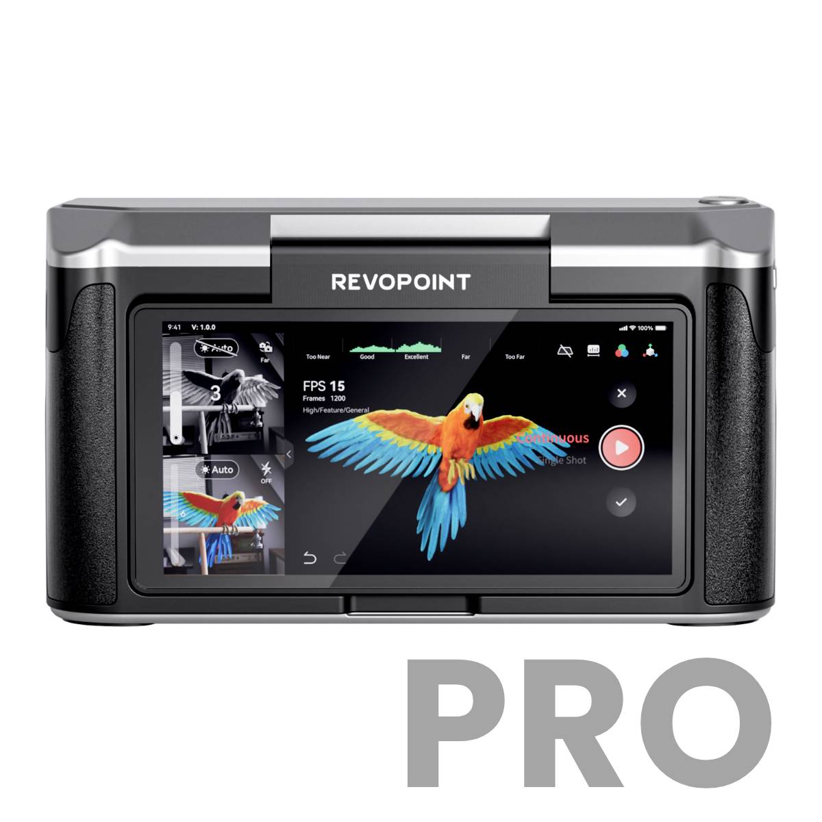 A 3D scanner with a display showing a colourful parrot model. The 'Revopoint' brand is visible above the screen.