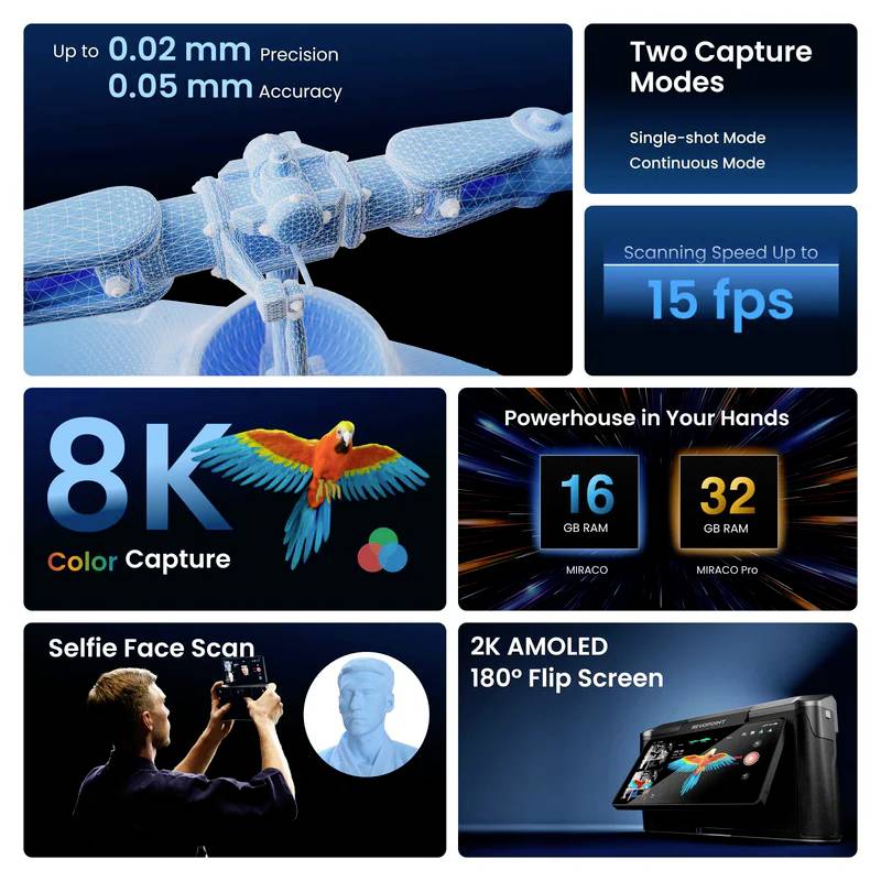 'Precision to 0.02 mm, 8K colour capture, two recording modes: single frame, continuous. 16/32 GB RAM. 2K AMOLED 180° flip screen.'