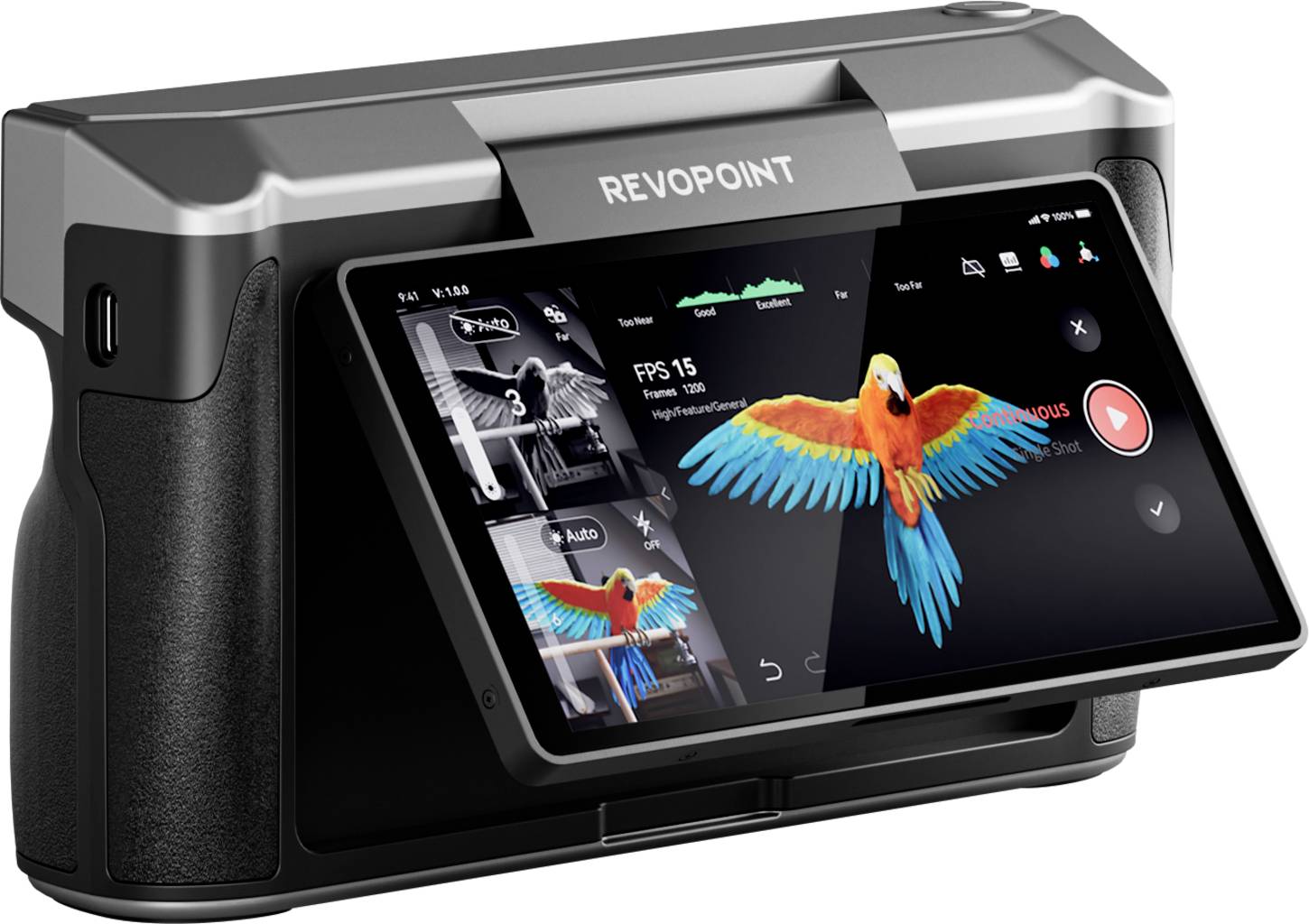 A scanner with a large display shows an interface displaying scan results of a colourful parrot. Brand name 'Revopoint' visible at the top.