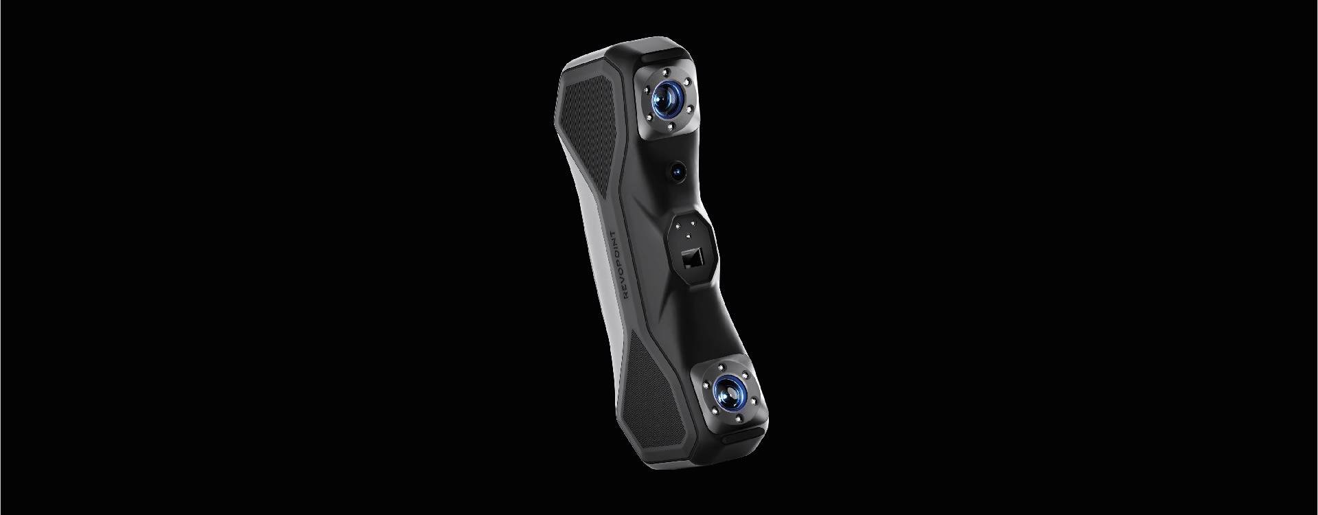 Portable 3D scanning device with dual camera lenses and ergonomic design, hovering against a black background.