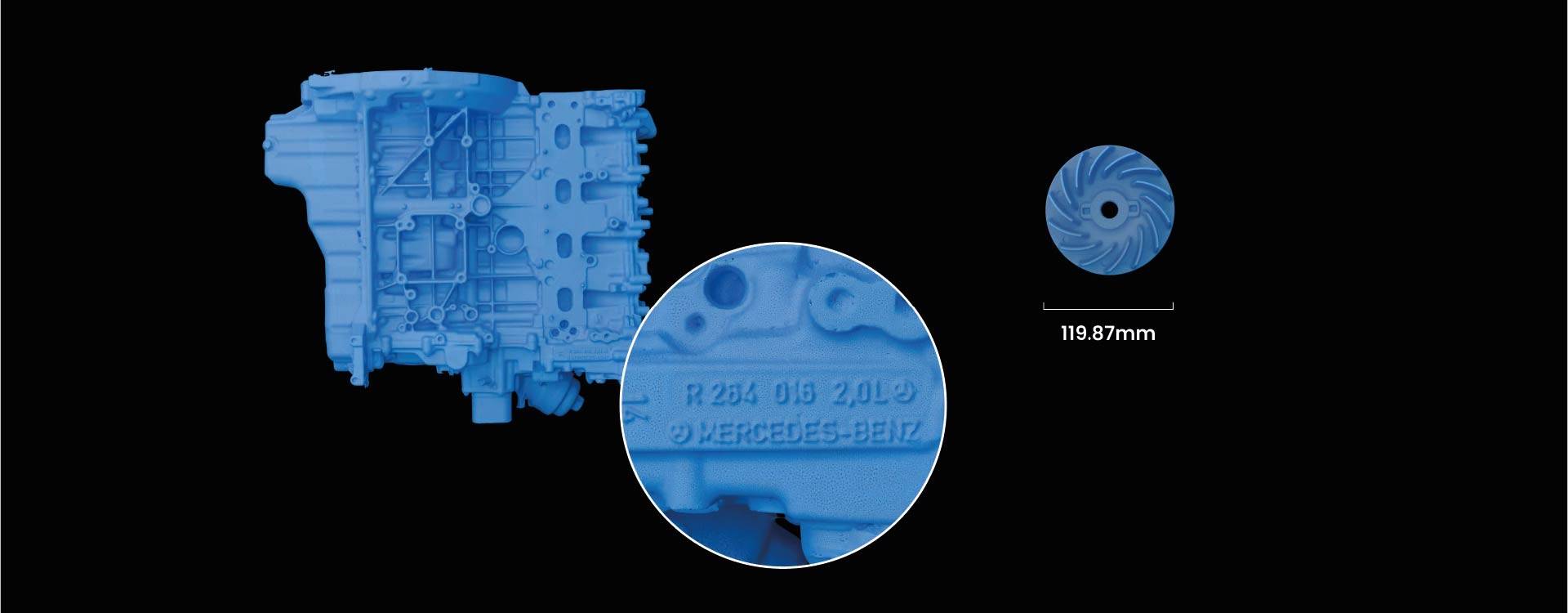 'Close-up of an engine component with engraving 'R285 016 24010'. A separate round component is located top right, diameter 118.87 mm.'