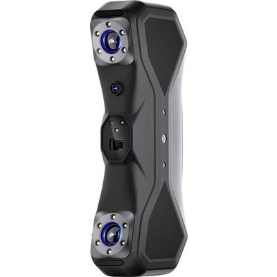 A black and grey, handheld 3D scanner with two lenses and blue accents, perfect for capturing highly detailed object scans.