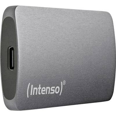 Silver external hard drive by Intenso with USB-C port, side view.