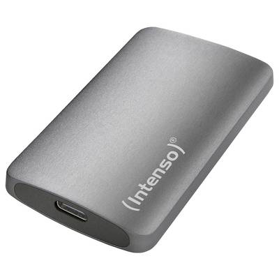 External Intenso hard drive in a silver casing, rectangular with rounded edges and a USB-C port on one side.