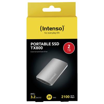 External SSD Intenso TX800 2 TB in packaging, yellow and black design, offering high transfer speed of up to 2100 MB/s.