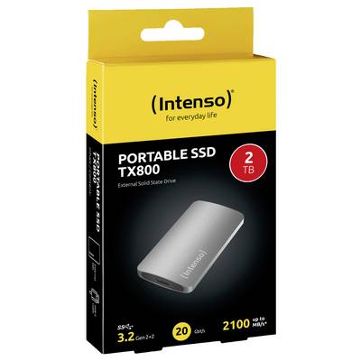 External SSD 'Intenso TX800', 2 TB capacity, USB 3.2 connection, data transfer up to 2100 MB/s, pictured in yellow packaging.