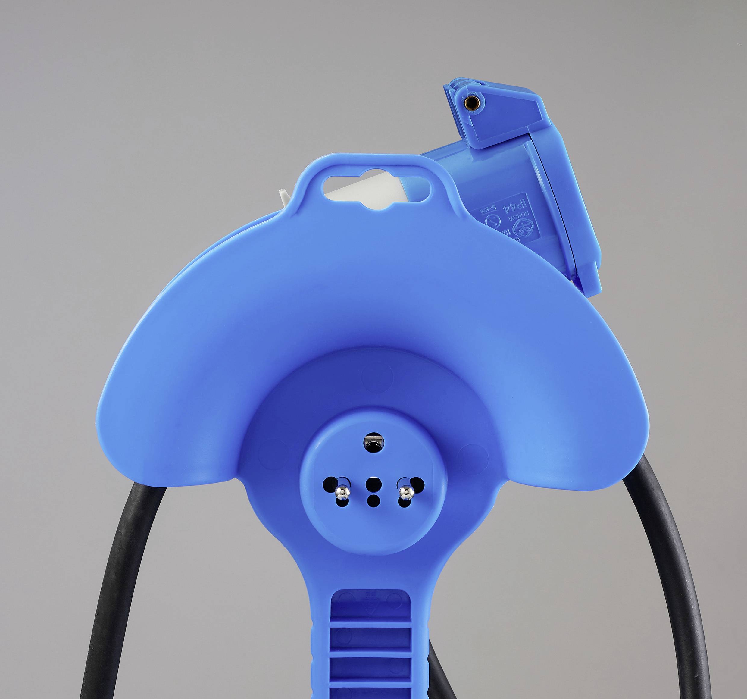 Blue, circular plug of a European electrical device, centred on a grey background.