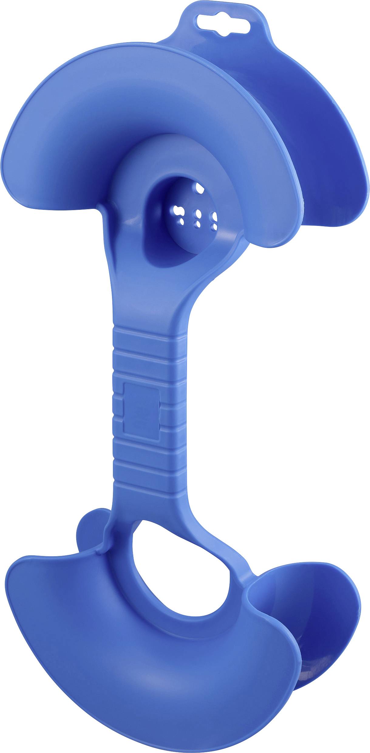 A blue, semi-circular plastic handle, presumably a tool for stabilising or transporting objects.