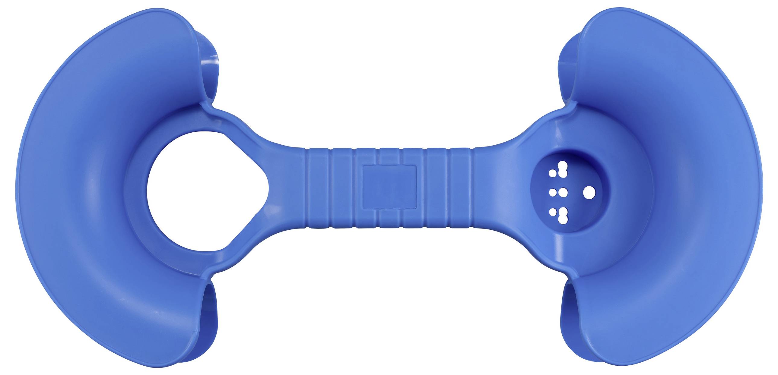 Blue plastic toy in the shape of a dumbbell with two large, round ends.