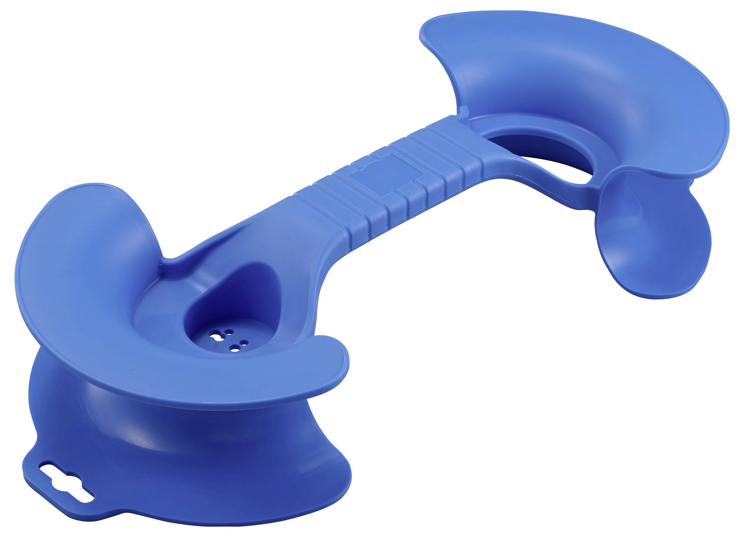 A blue plastic cushion with two rounded sides, designed for ergonomic support.