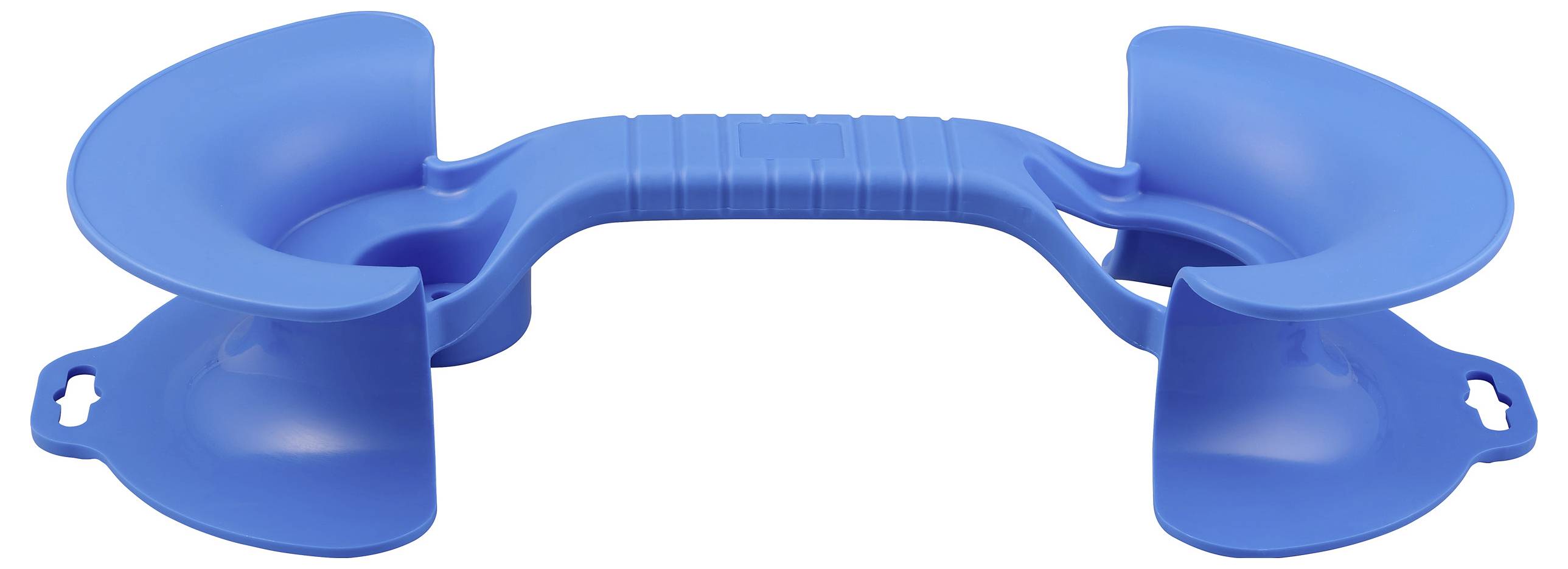 A blue, curved plastic handle with two large, spoon-shaped ends designed for holding or balancing objects.