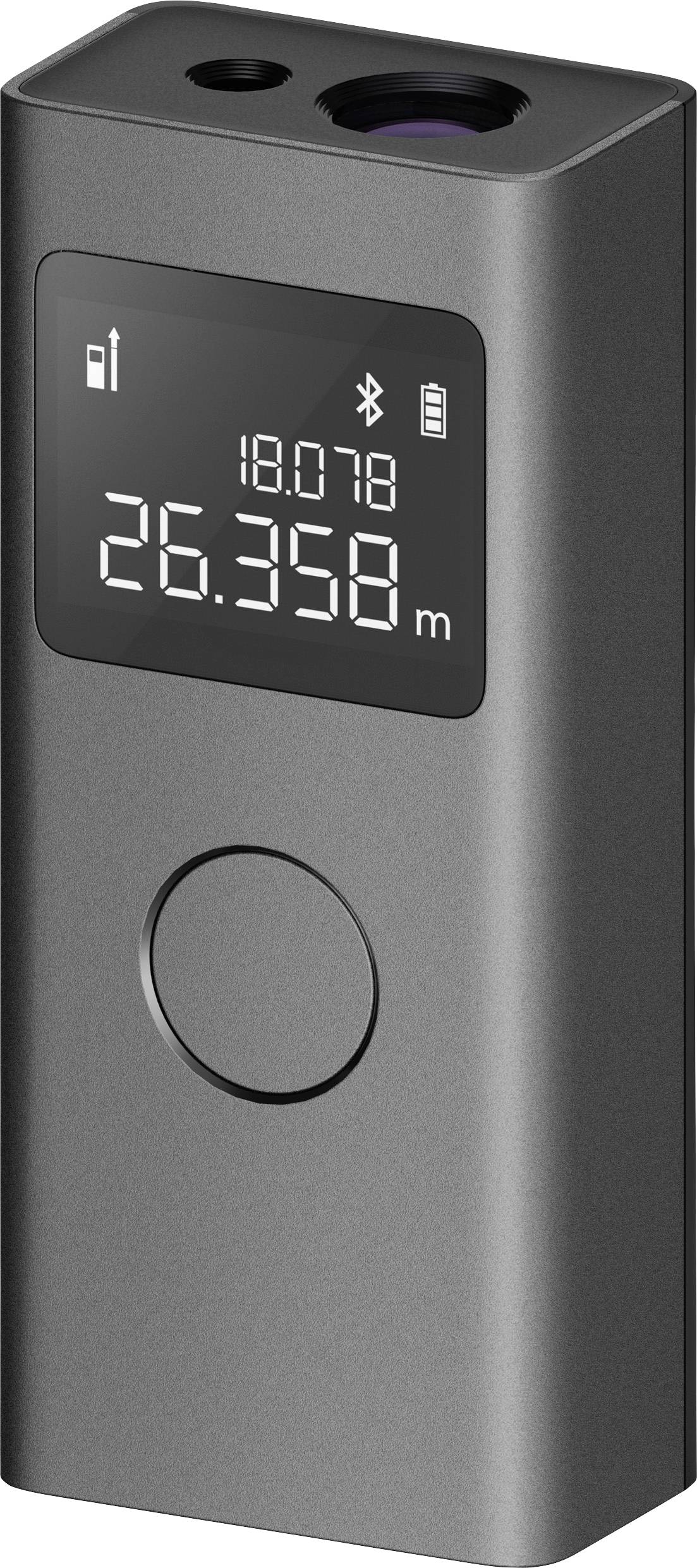 A digital laser distance measurer displaying '26.358 m' on a screen, with a metallic gray body and a button below the screen.