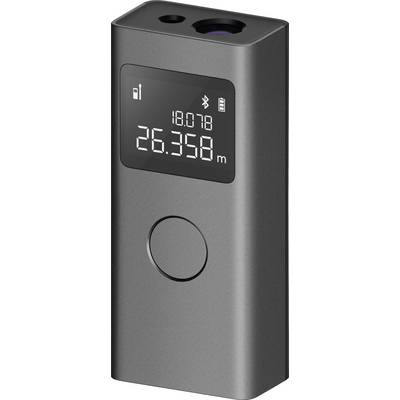 A digital laser distance measurer displaying '26.358 m' on a screen, with a metallic gray body and a button below the screen.