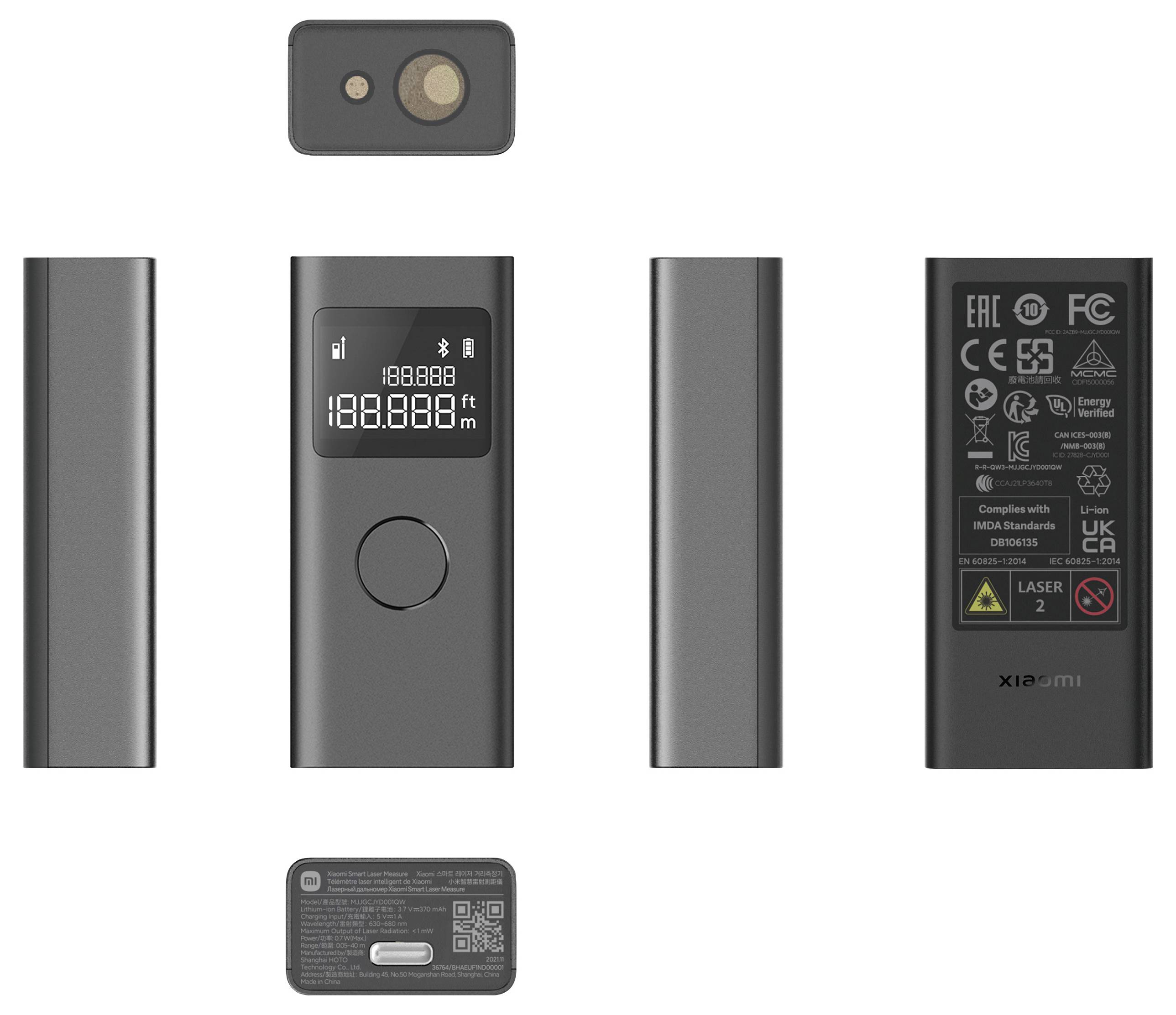 A digital laser distance meter displaying measurement in feet, surrounded by views of its front, back, top, bottom, and sides.